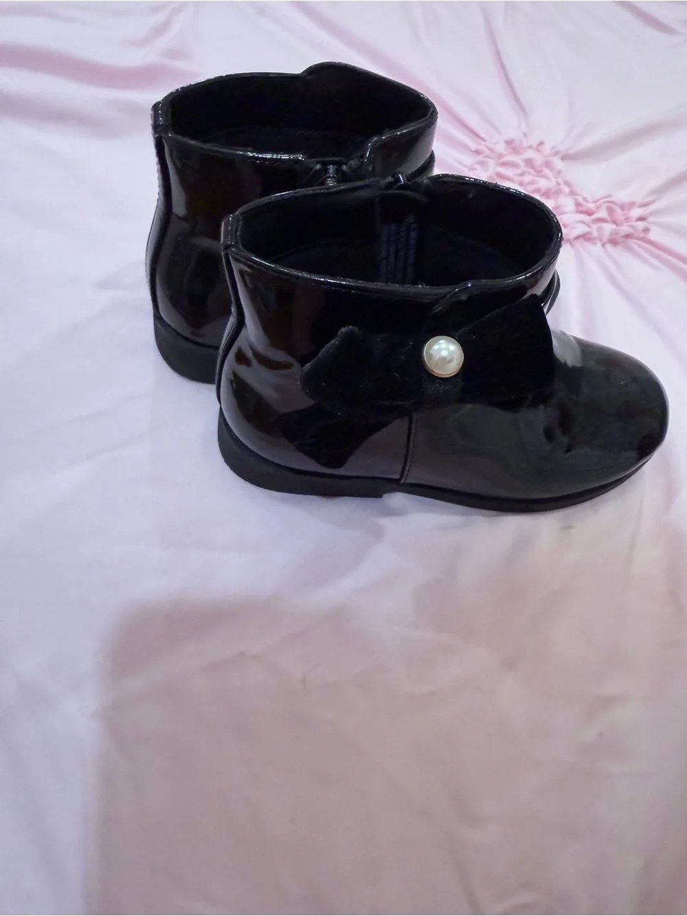 Gymboree Black Patent Ankle Boots with Pearl Bow Accent